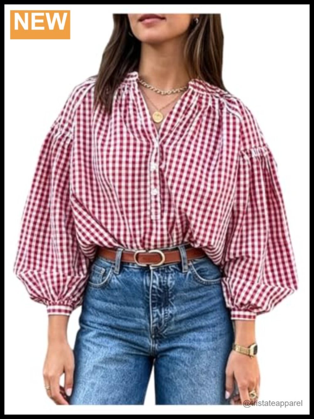 Women's Plaid Button Down Shirt Long Sleeve Bishop Sleeve Collared Neck Blouse
